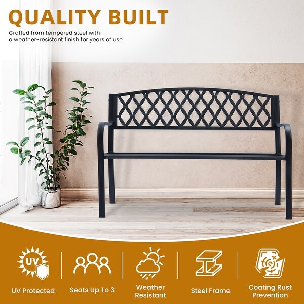 Lattice Metal Park Patio Bench，Outdoor Bench in Black for Porch，Lawn，Garden，Deck by SunRay