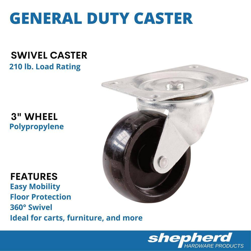 Shepherd 3 in. Black Polypropylene and Steel Swivel Plate Caster with 210 lb. Load Rating 9394