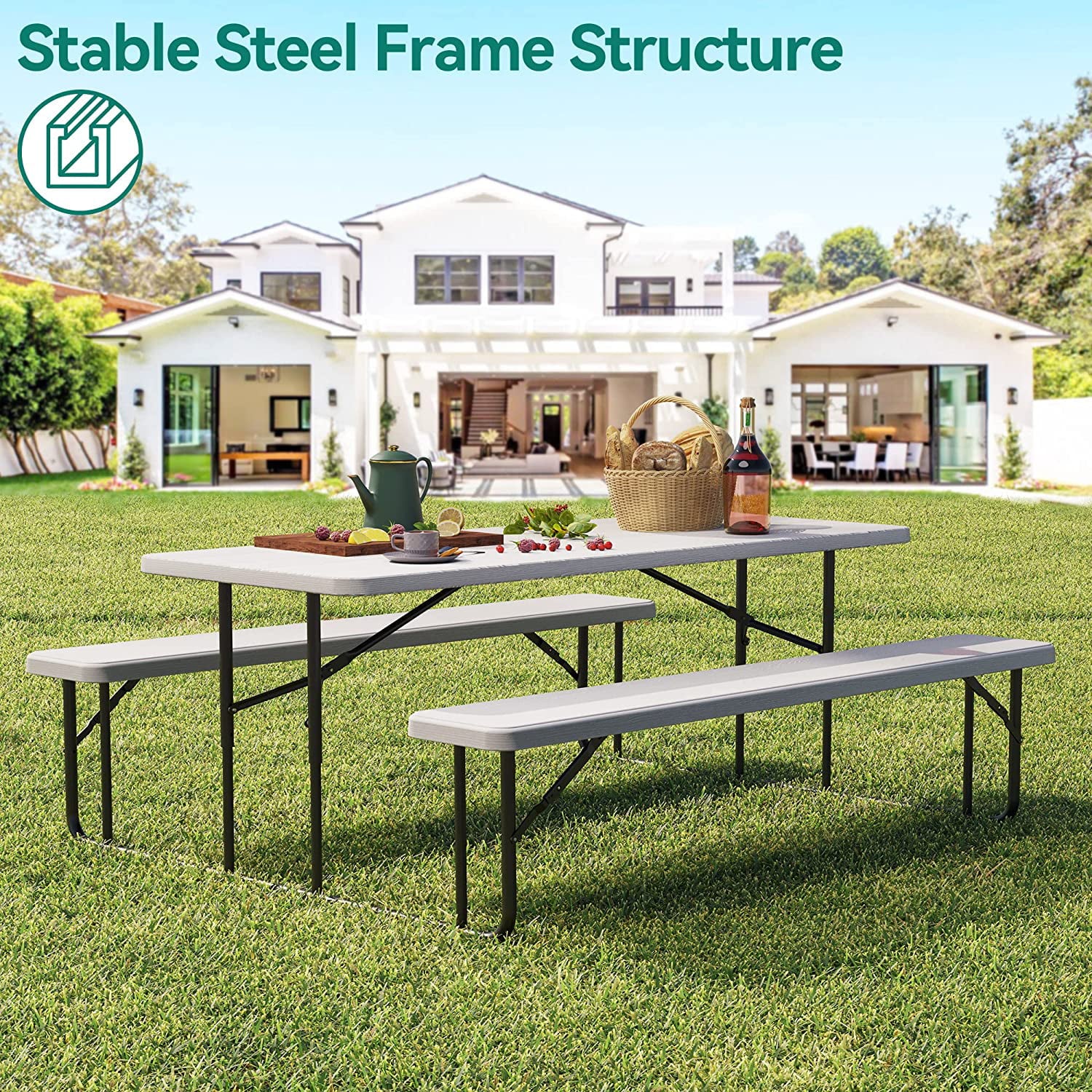 YITAHOME 6ft Folding Picnic Table Heavy Duty Outdoor Picnic Table and Bench Resin Tabletop and Stable Steel Frame w/Umbrella Hole for Yard Patio Lawn Party White