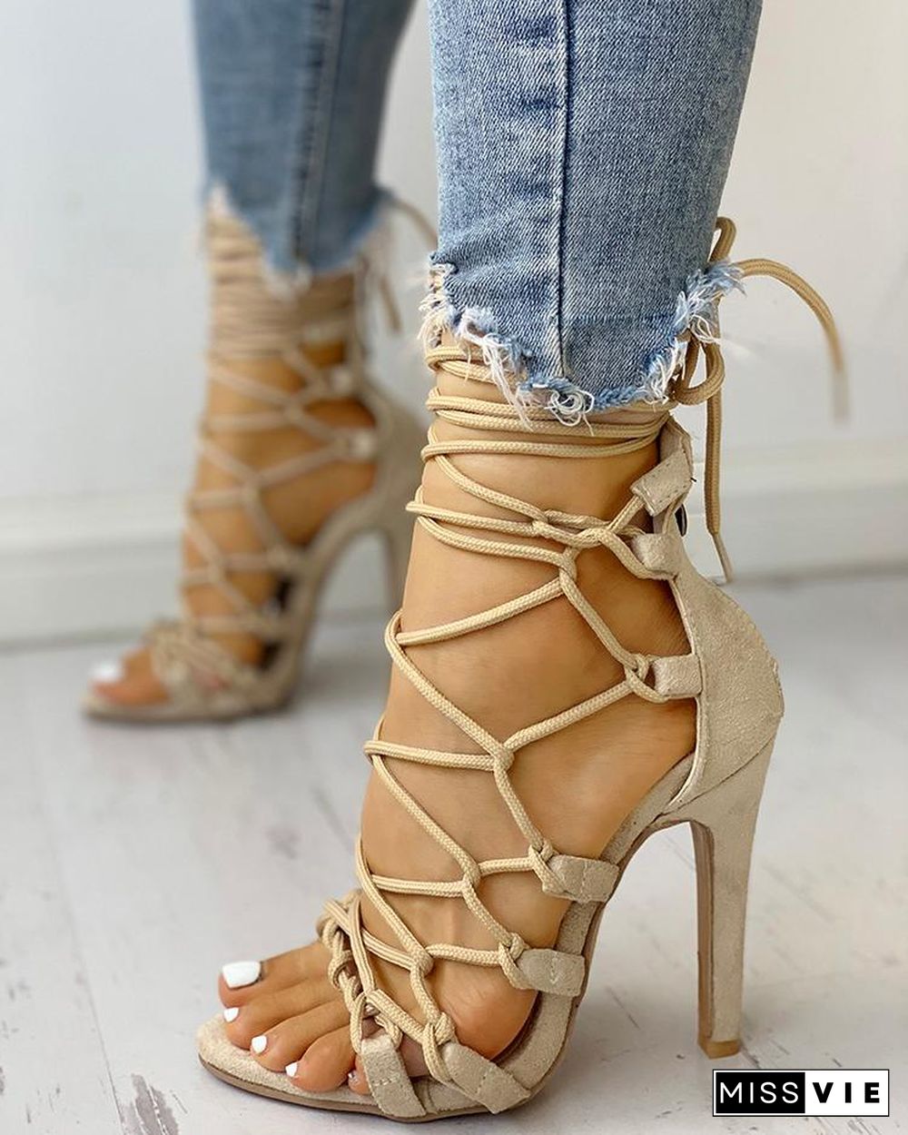 Hollow Out Lace Up Thin Heels Sandals