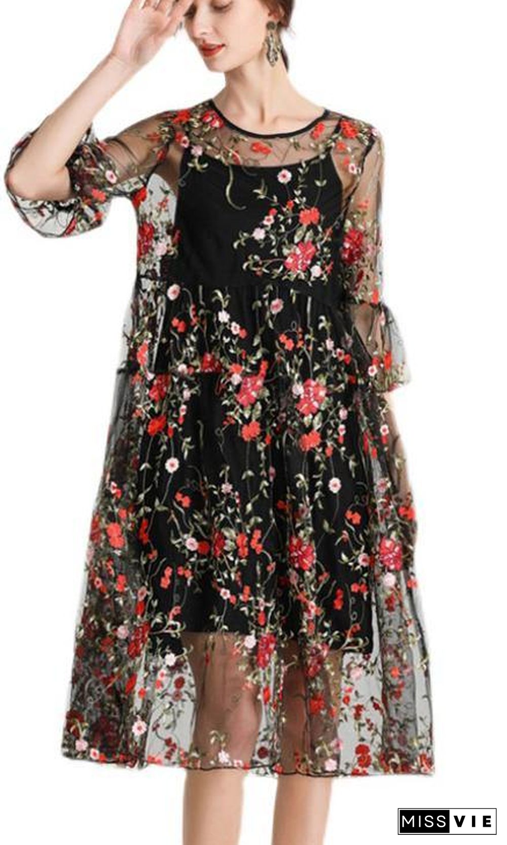 Plus Size Black Embroidery Lace Dress Half Sleeve Women Sets 2 Pieces