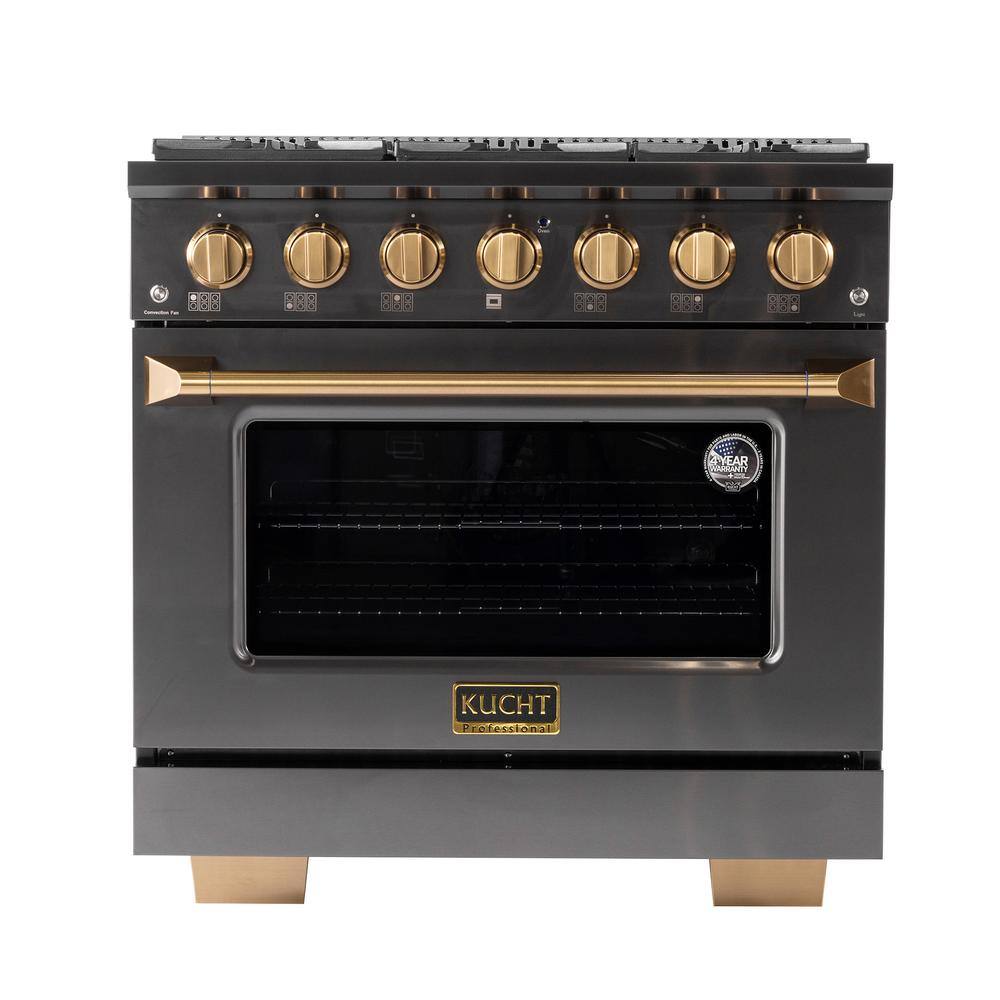 Kucht Gemstone Professional 36 in. 5.2 cu. ft. Dual Fuel Range for Propane Gas wConvection Oven in Titanium Stainless Steel KED364LP