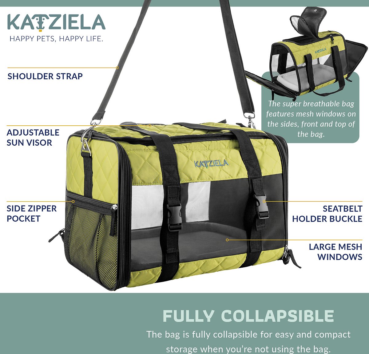 Katziela Quilted Companion Cat and Dog Carrier - Green