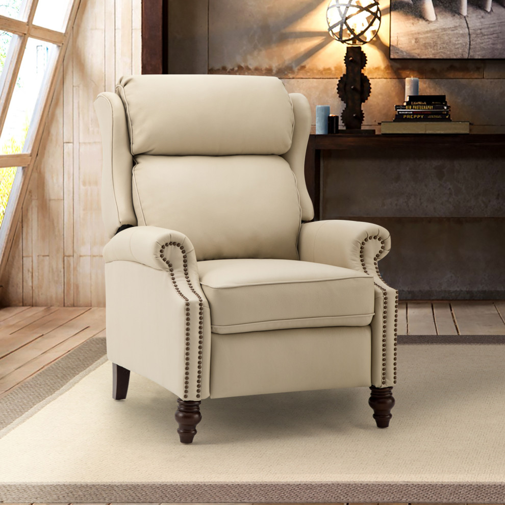 Modern Genuine Leather Manual Recliner With Solid Wood Legs   Traditional   Recliner Chairs   by Karat Home  Houzz