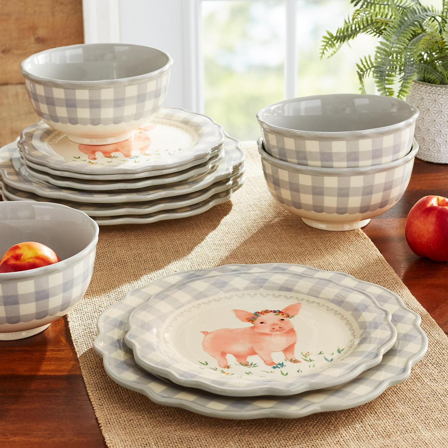 The Pioneer Woman Gingham Grey 12Piece Dinnerware Set  Crowdfused