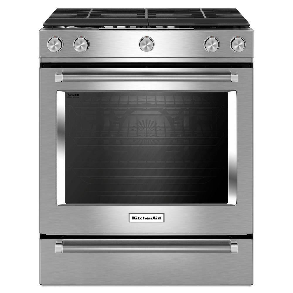 KitchenAid 5.8 cu. ft. Slide-In Gas Range with Self-Cleaning Convection Oven in Stainless Steel KSGG700ESS