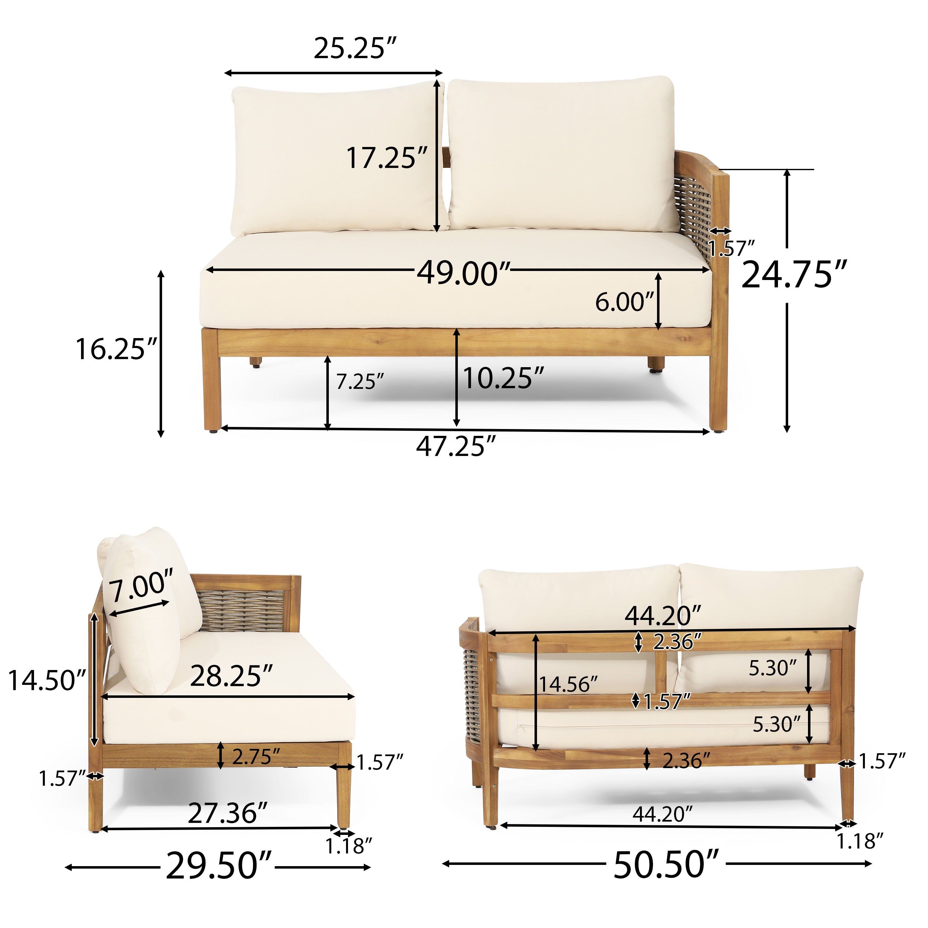 The Crowne Collection Outdoor Acacia Wood and Round Wicker 5 Seater Sectional Sofa Chat Set with Cushions, Teak, Mixed Brown, and Beige