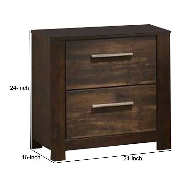 Wooden Nightstand with Two Drawers and Metal Bar Handles， Brown