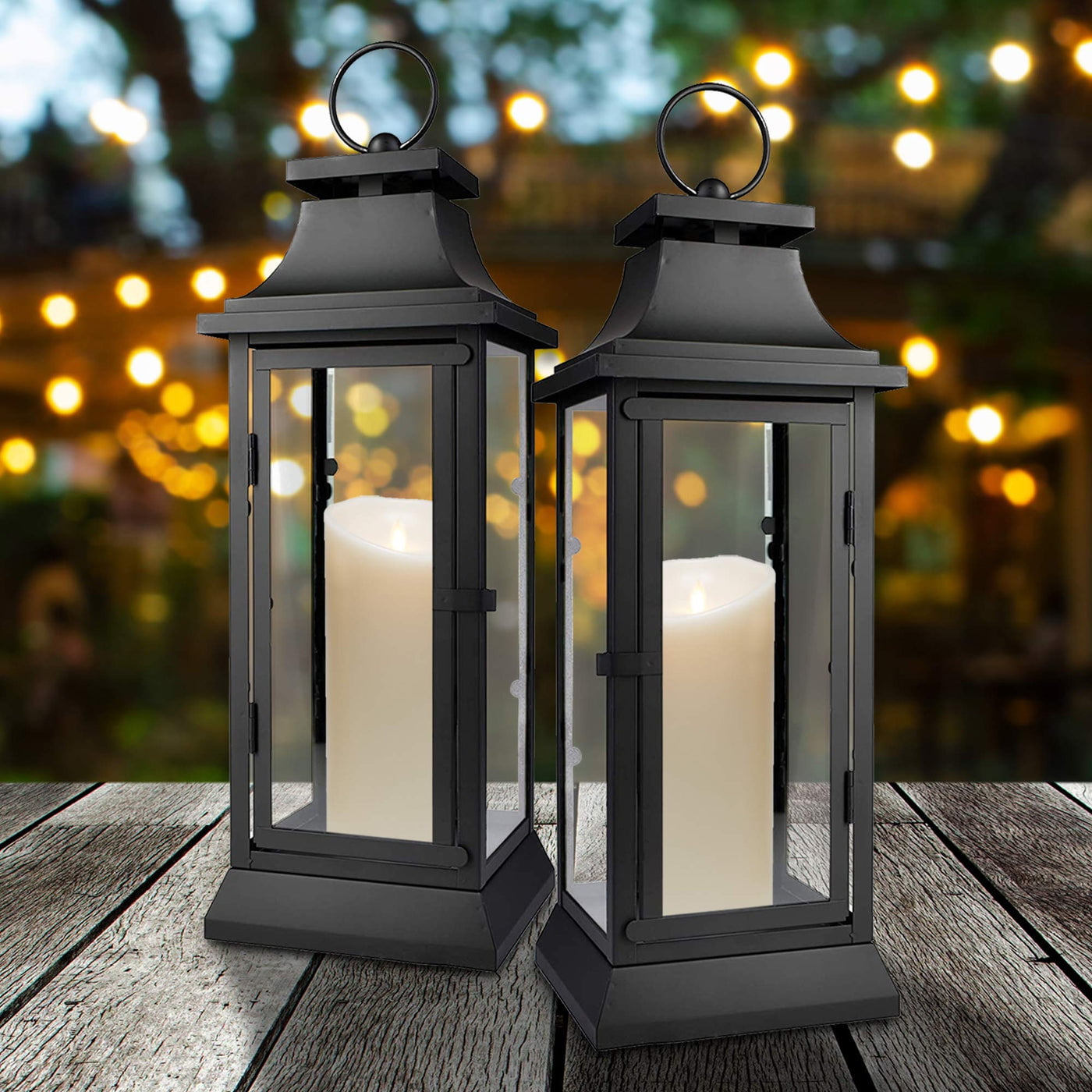 Serene Spaces Living Black Hurricane Lanterns with Clear Glass Panels， 15