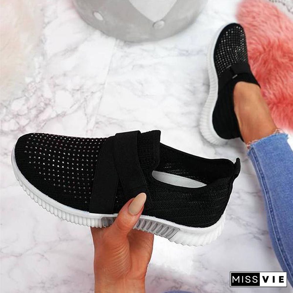 Women Fashion Bling Rhinestones Flyknit Fabric Slip On Breathable Platform Sneakers