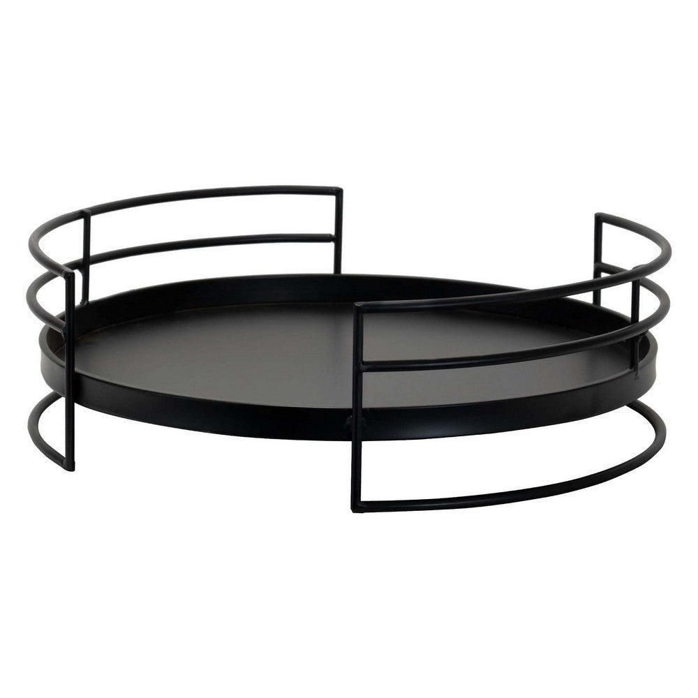 15 Inch Industrial Round Server Tray with Handle， Black Iron Frame - 5 H x 15 W x 15 L Inches