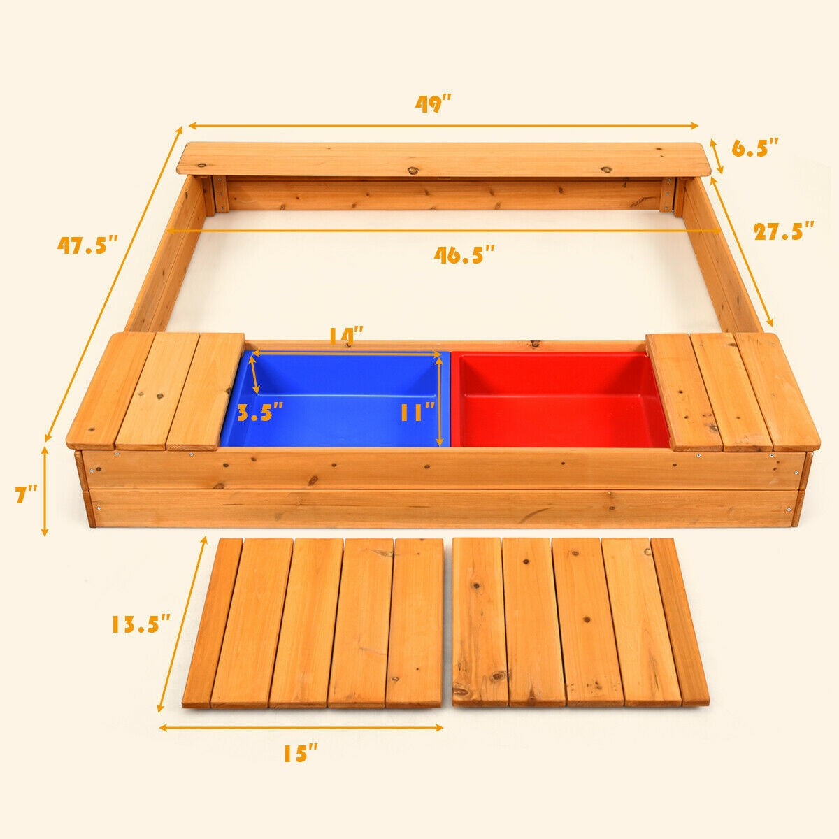 Kids Wooden Sandbox with Bench Seats & Storage Boxes