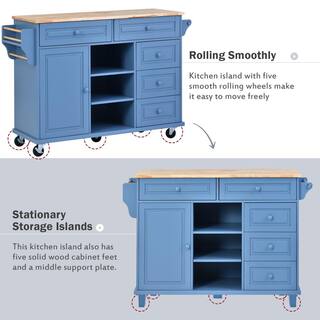 Blue Rubber Wood Desktop 53 in. W Kitchen Island on 5-Wheels with Storage and 5-Drawers MMuunea-01