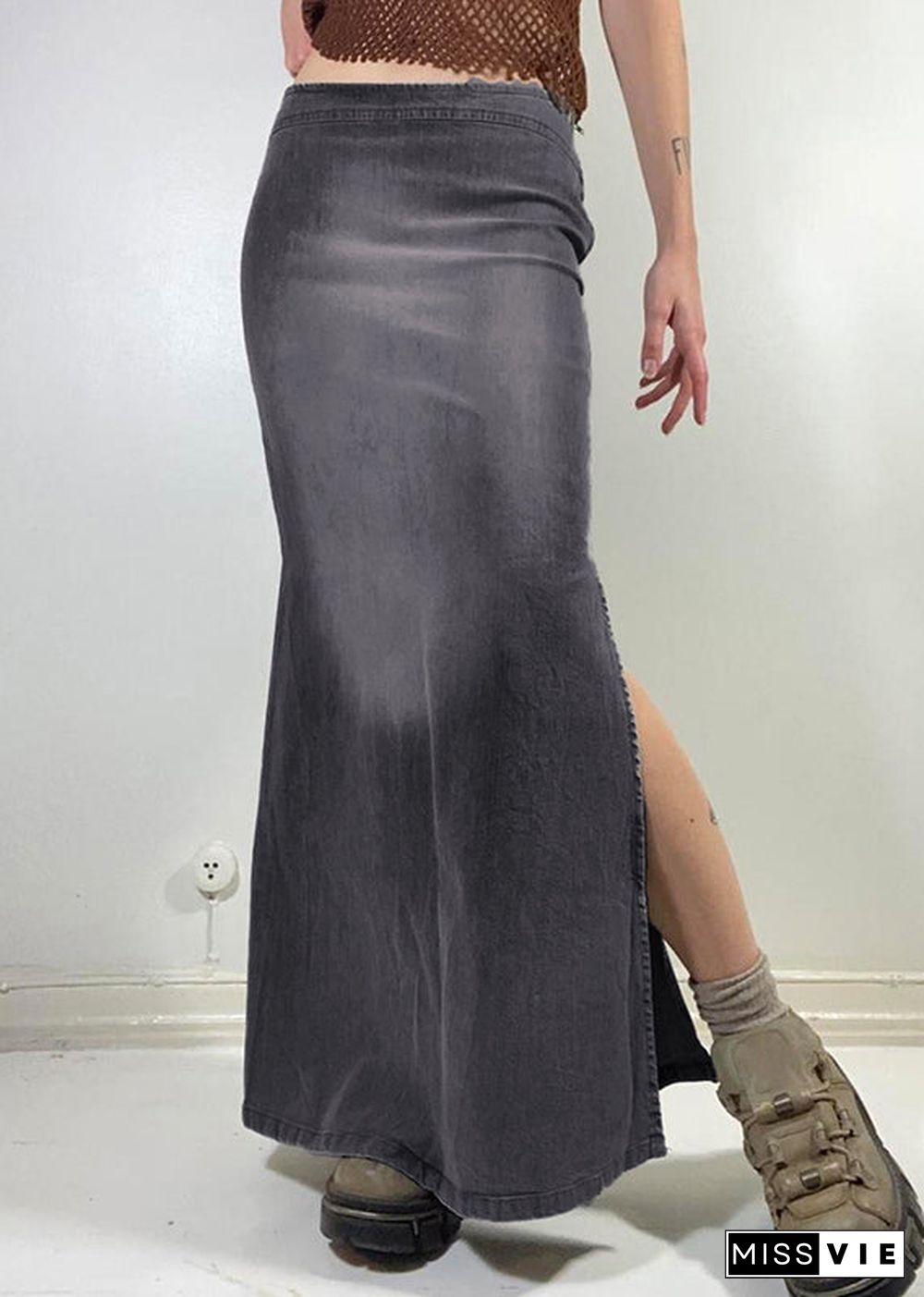 Modern Grey Side Open High Waist Patchwork Maxi Skirts Fall