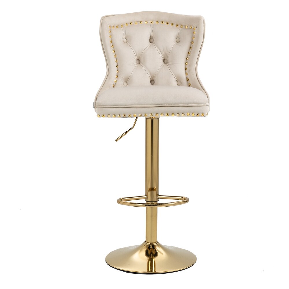 Velvet Upholstered Tufted Swivel Adjustable Height Bar Stools With Golden Footrest(set of 2)