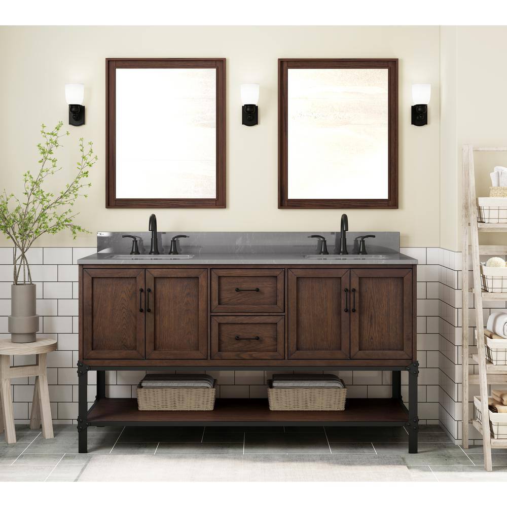 Home Decorators Collection Alster 60in. W x 22in. D x 35in. H Double Vanity in Brown Oak with Engineered Calacatta Grey Marble Top and White Sinks TJ-0401V6022BR