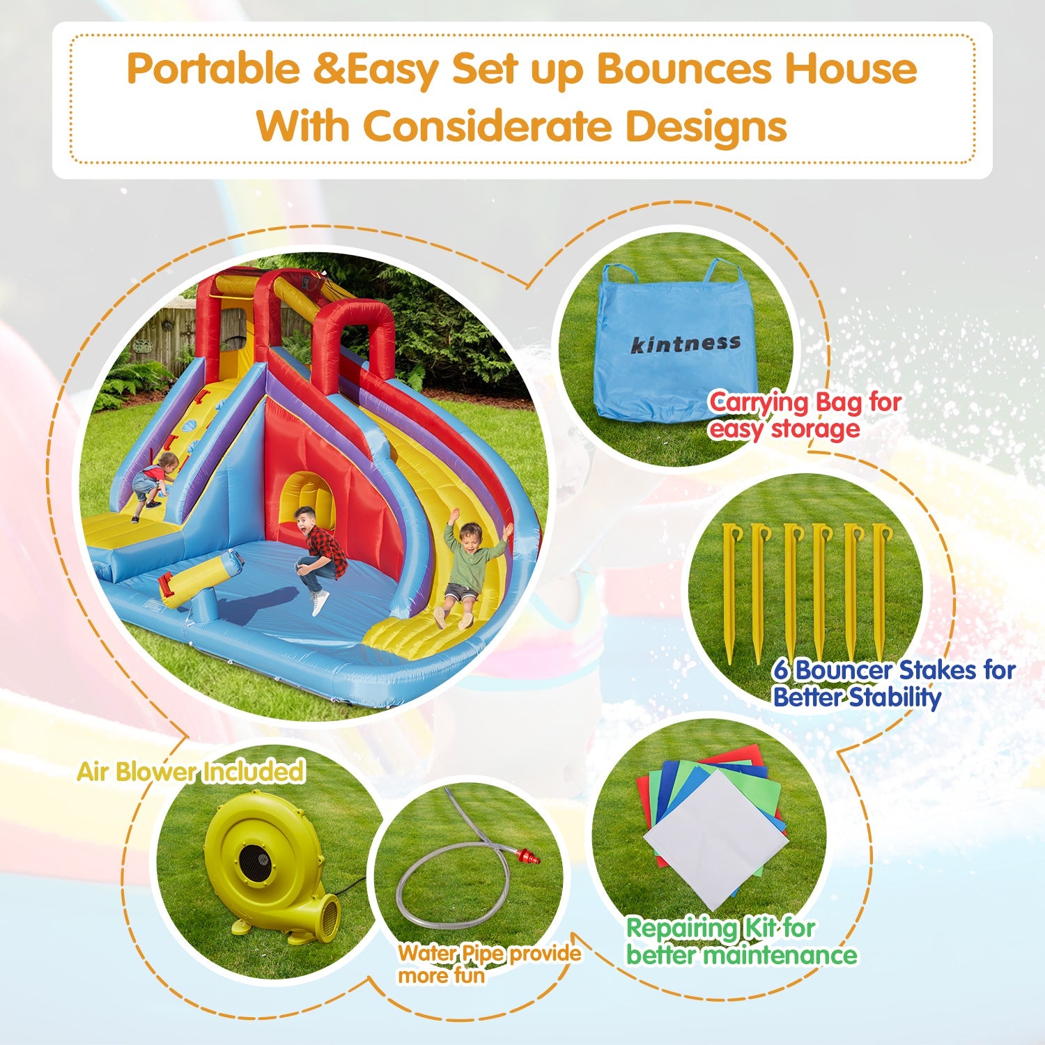 Kinbor Inflatable Bounce House Pool Water Slide Bouncy Castle w/ Climbing Wall Long Slide & Air Blower, Colorful