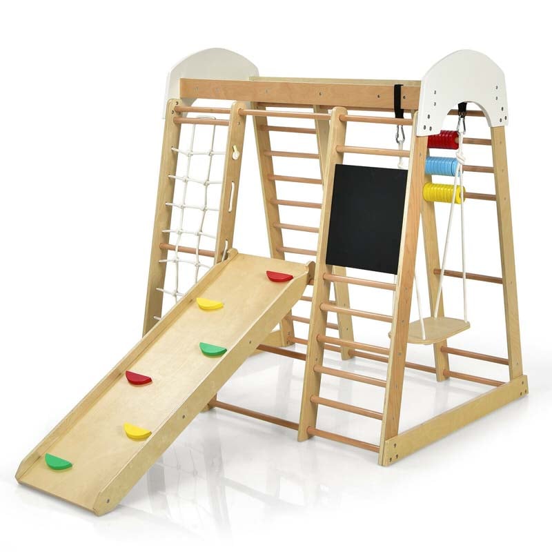 8-in-1 Wooden Climbing Toys for Toddlers, Kids Indoor Playground Jungle Gym Climber Playset with Slide