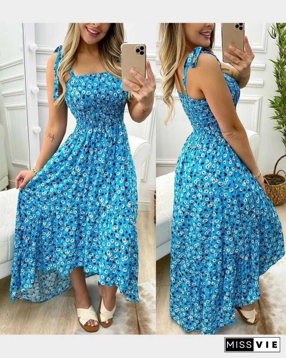 Floral Print Skinny Waist Sling Ruffle Hem Maxi Dress P11928