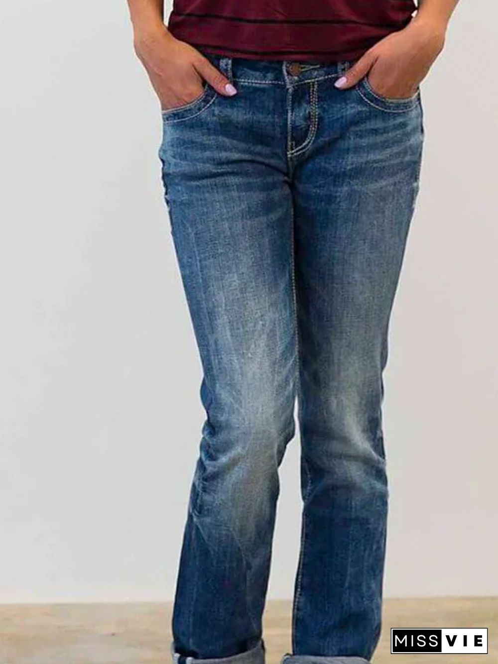 Blue Plain Casual Denim Jeans