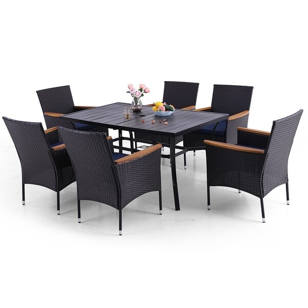 7 Pieces PE Rattan Patio Dining Sets，Modern Wicker Conversation Armhairs with Cushions and 2.6