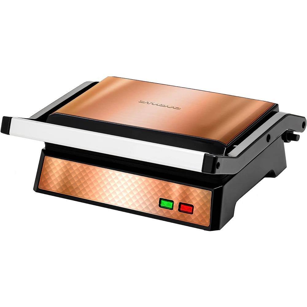 OVENTE Copper Electric Panini Press Grill 2-Slice 1000-Watt Heating Plate Drip Tray Included GP0620CO