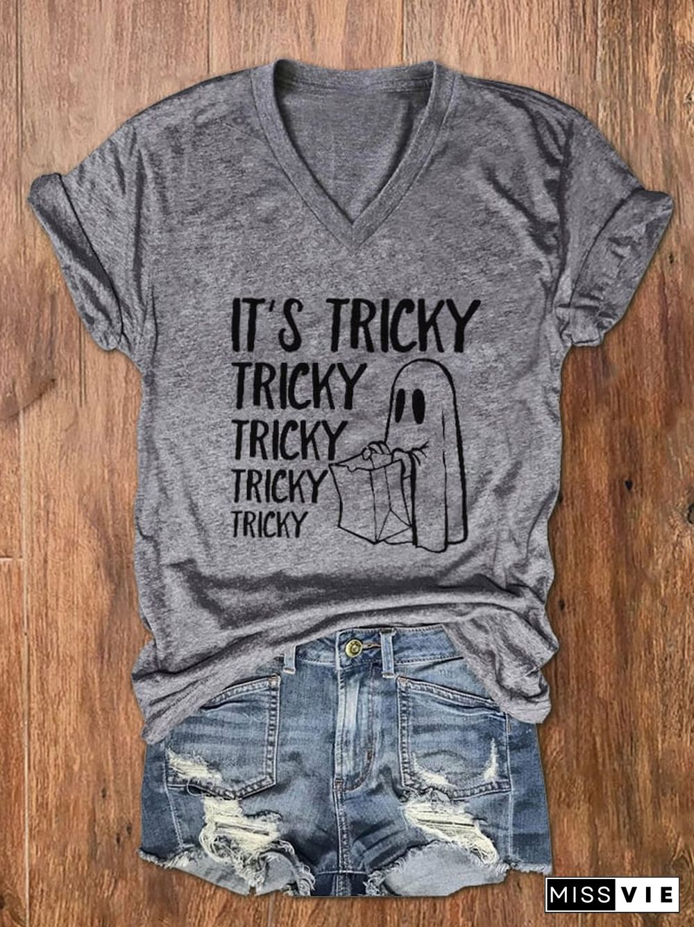 Women's It's Tricky Funny Halloween Print V-Neck T-Shirt