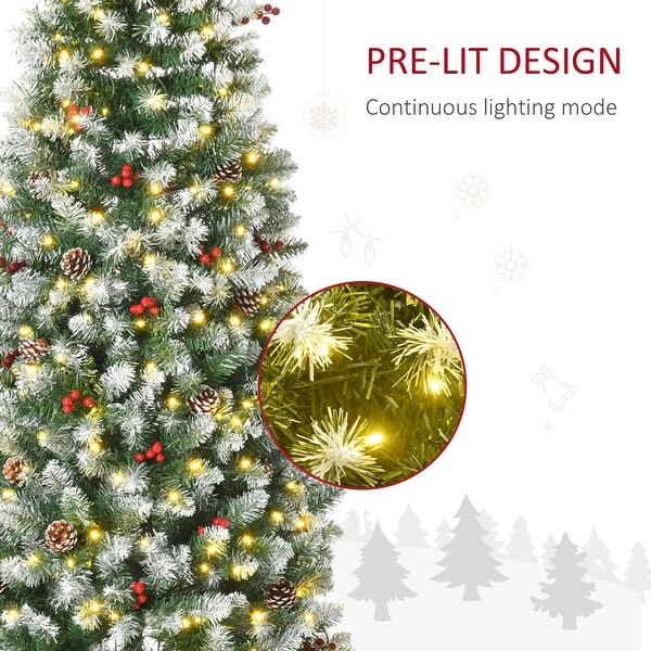 PreLit SnowDusted Artificial Christmas Tree with Realistic Branches，LED Lights，Pine Cones，Red Berries