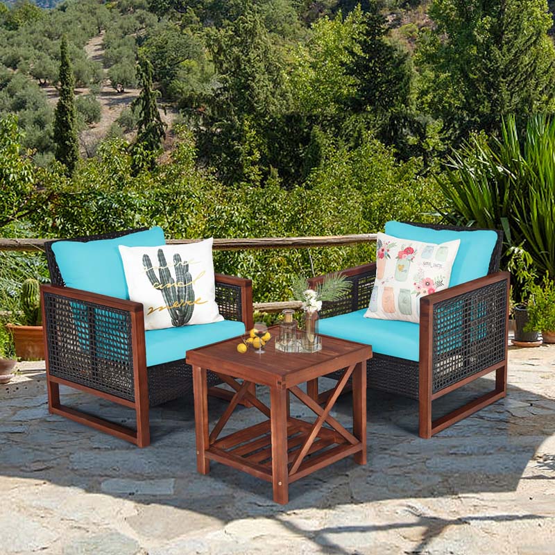 3 Pcs Rattan Patio Furniture Sofa Set Outdoor Conversation Bistro Set with Acacia Wooden Frame & Cushions