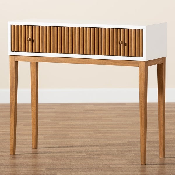 Odile Mid-Century Modern Two-Tone Natural Brown and White Bayur Wood 1-Drawer Console Table