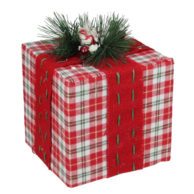 Red And Green Plaid Square Gift Box With Pine Bow Table Top Christmas Accent