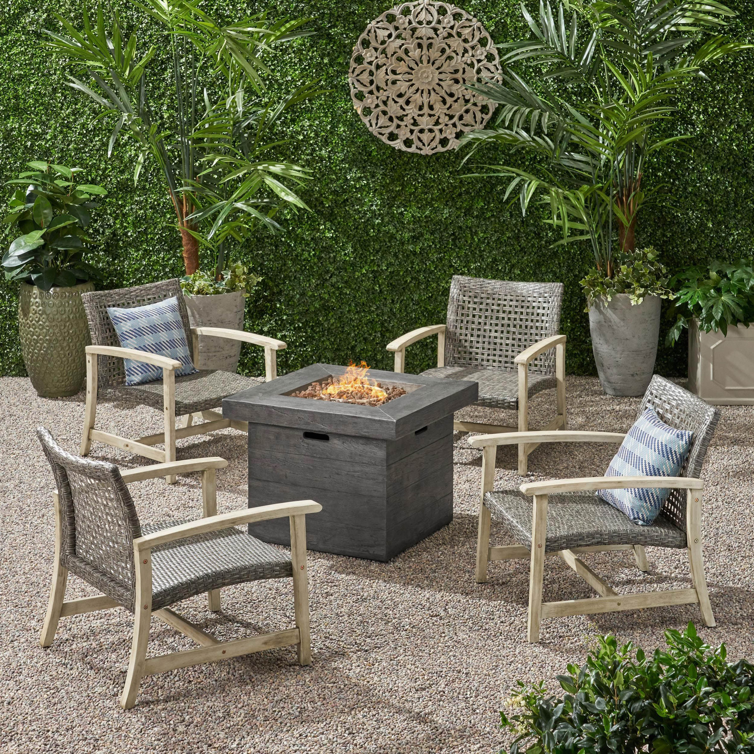 Eleanor Outdoor 5 Piece Wood and Wicker Club Chairs and Fire Pit Set