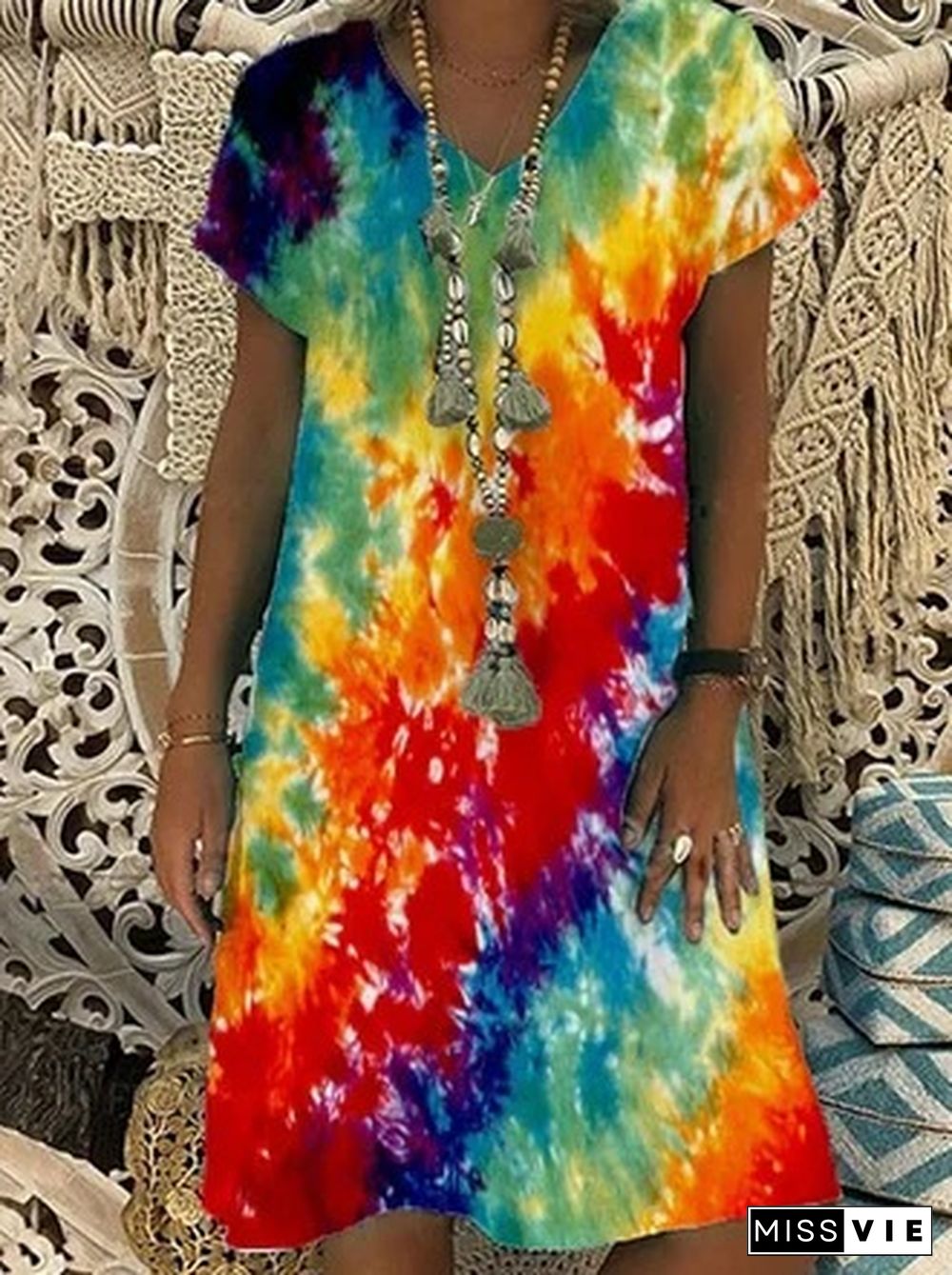 Loose Tie Dyed Printed Women's V-neck Short Sleeved Dress