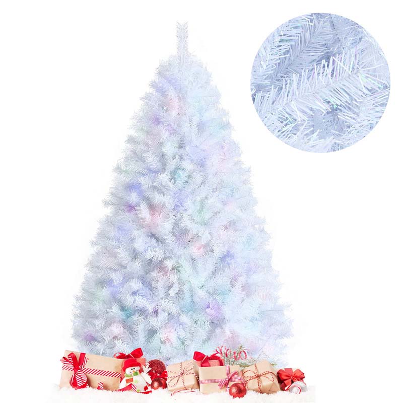 6/7/8FT White Iridescent Hinged Artificial Christmas Tree with 792/1156/1636 Branch Tips & Metal Stand