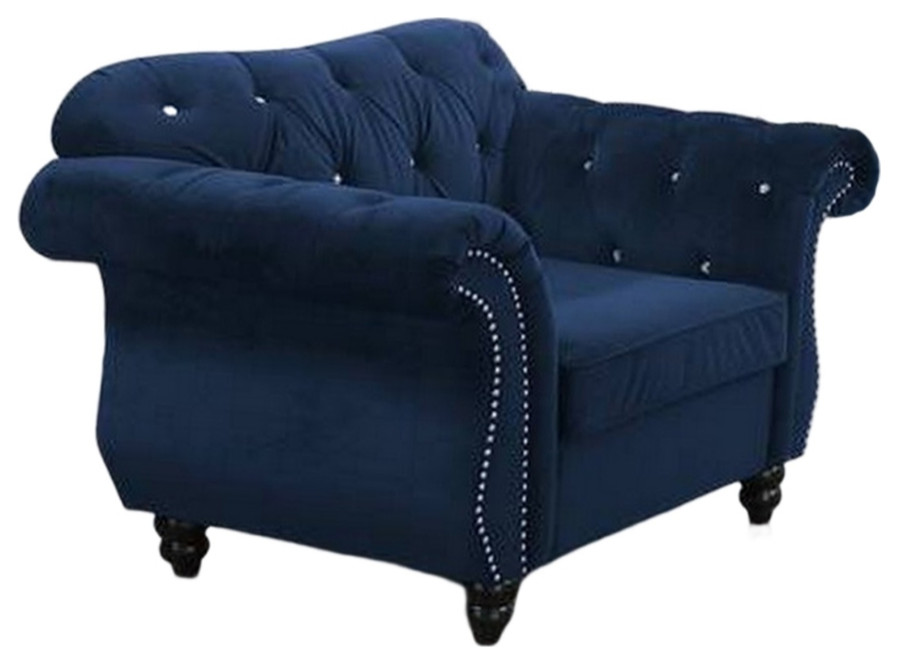 Rima 51 Inch Classic Accent Chair Velvet Upholstery Rolled Arms Indigo   Eclectic   Armchairs And Accent Chairs   by Dot  ampBo  Houzz