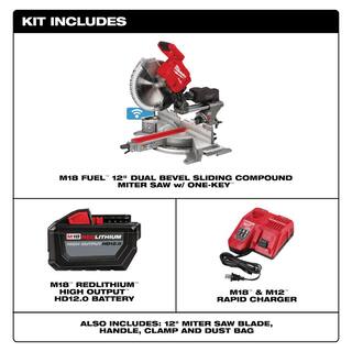 MW M18 FUEL 18V Lithium-Ion Brushless Cordless 12 in. Dual Bevel Sliding Compound Miter Saw Kit with One 12.0Ah Battery 2739-21HD