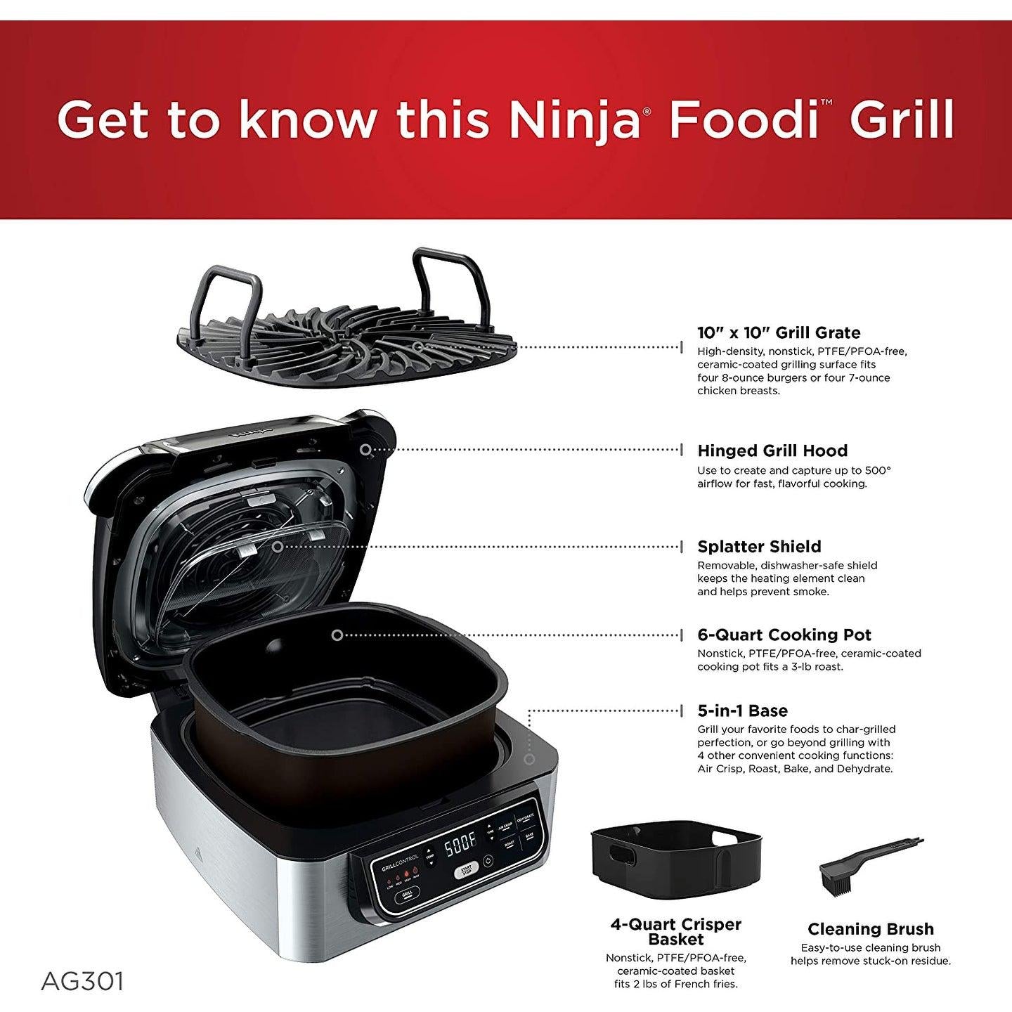 Ninja Foodi 4-in-1 Indoor Grill with 4-qt Air Fryer, Roast, Bake, and Cyclonic Grilling Technology, Black/Stainless AG300