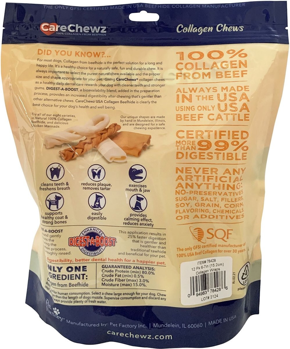 Pet Factory CareChewz 6 to 7-inch Collagen Wrap Natural Flavored Dog Hard Chews， 12 count