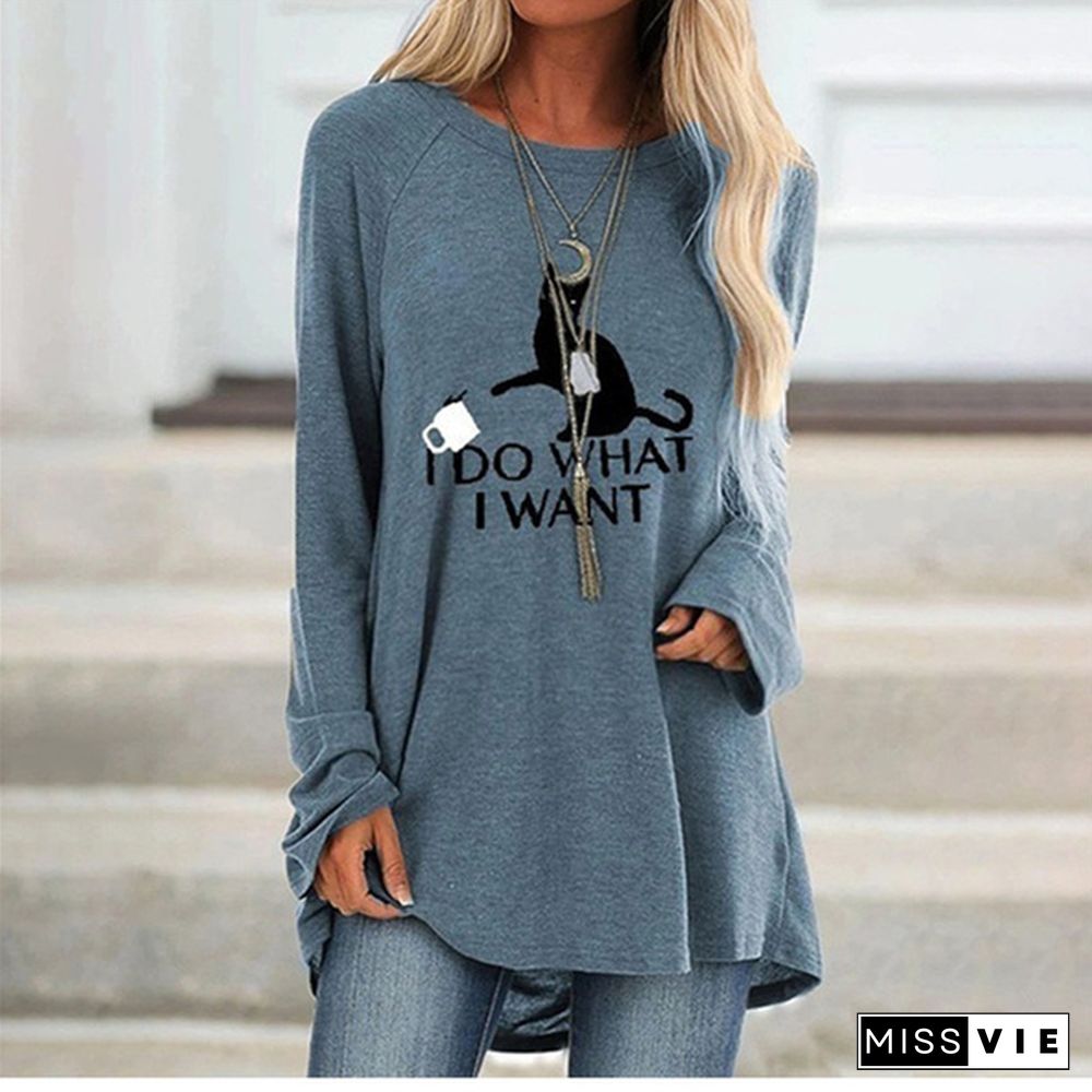 New Women Autumn and Winter Clothes Casual Printed Round Neck Long Sleeves Tunic T-Shirt Loose Cotton Pullover Blouse Plus Size XS-8XL