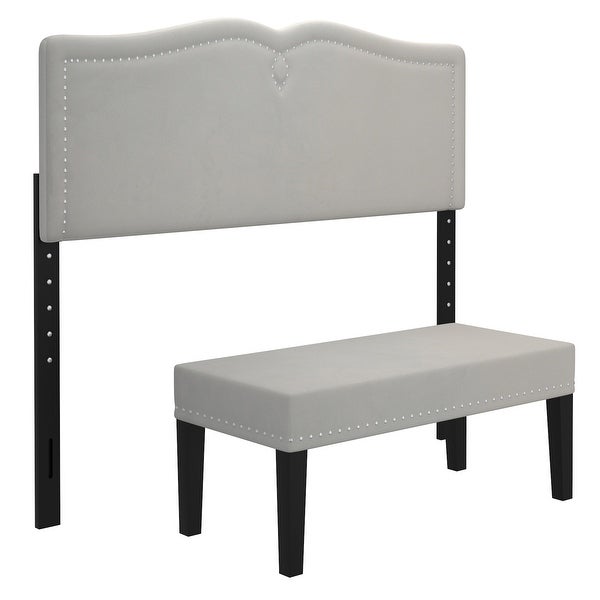 Modern Velvet Double/Queen Adjustable Height Headboard with Bench - - 36002888