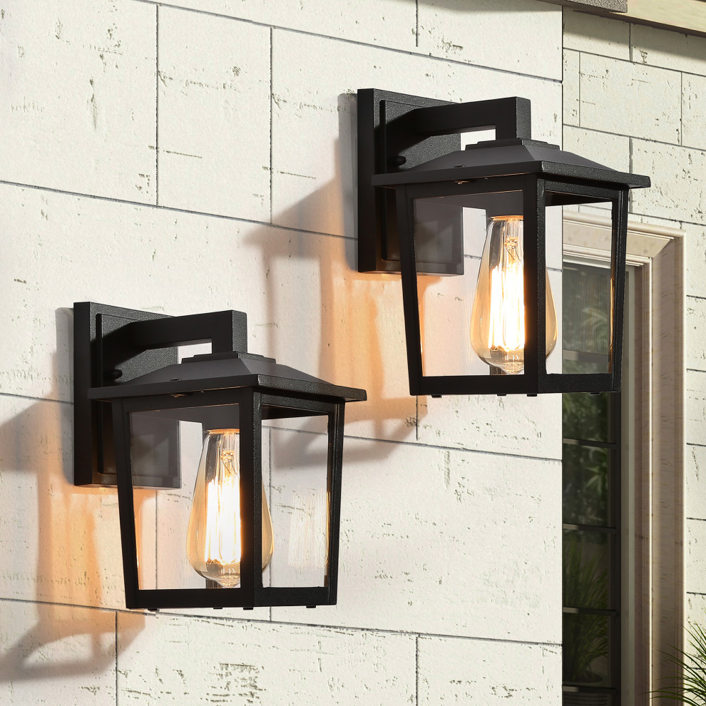 LNC Modern Black Lantern Outdoor Wall Light  Set of 2   Transitional   Outdoor Wall Lights And Sconces   by LNC  Houzz