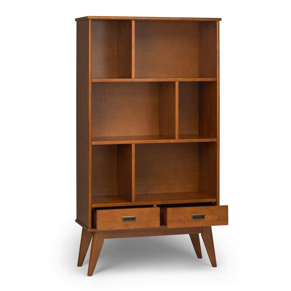 Simpli Home Draper Solid Hardwood 64 in. x 35 in. Mid-Century Modern Wide Bookcase and Storage Unit in Teak Brown 3AXCDRP-13-TK