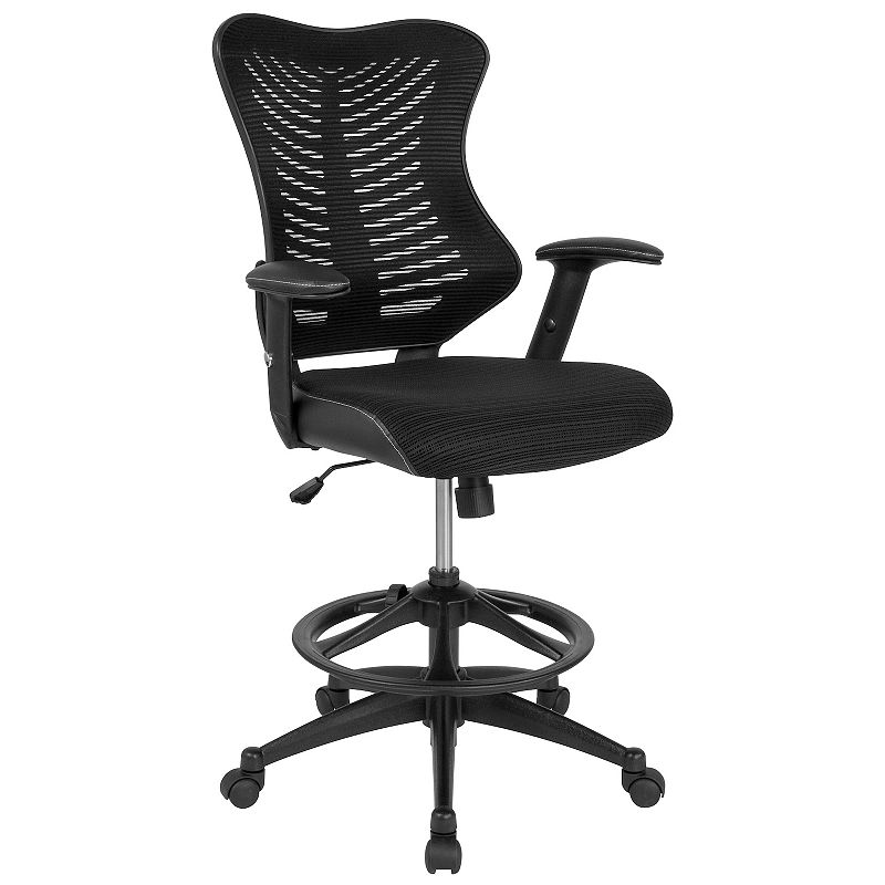 Emma and Oliver High Back Designer Black Mesh/LeatherSoft Sides Drafting Chair - Arms