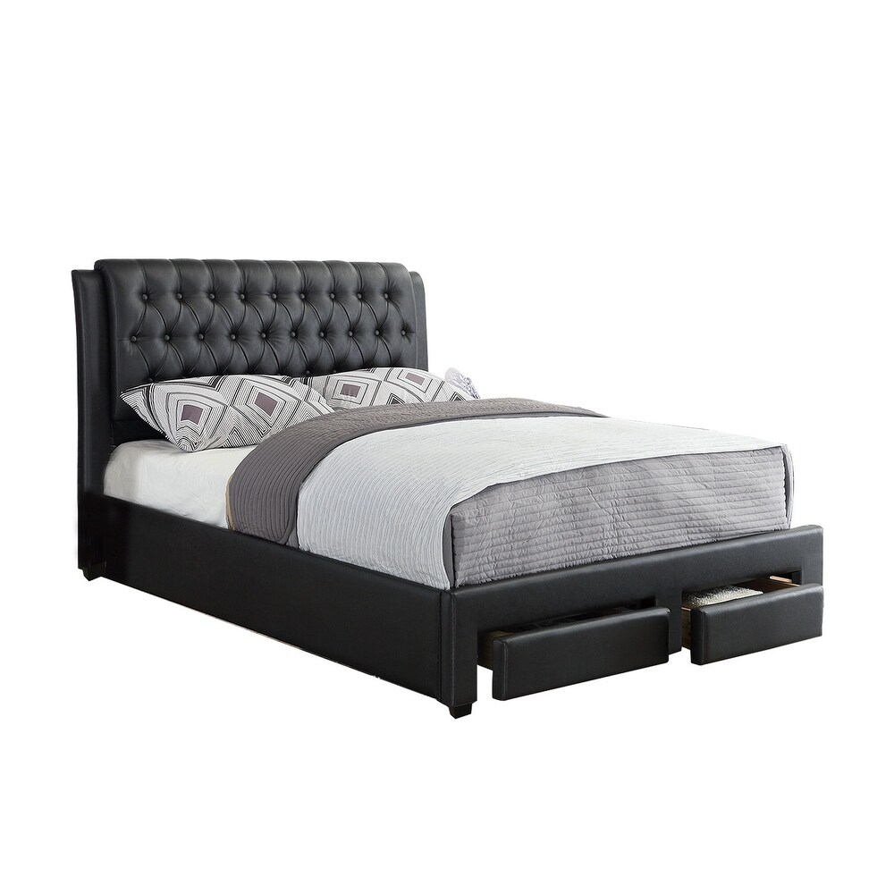 Black Faux Leather Bed with Storage Drawers