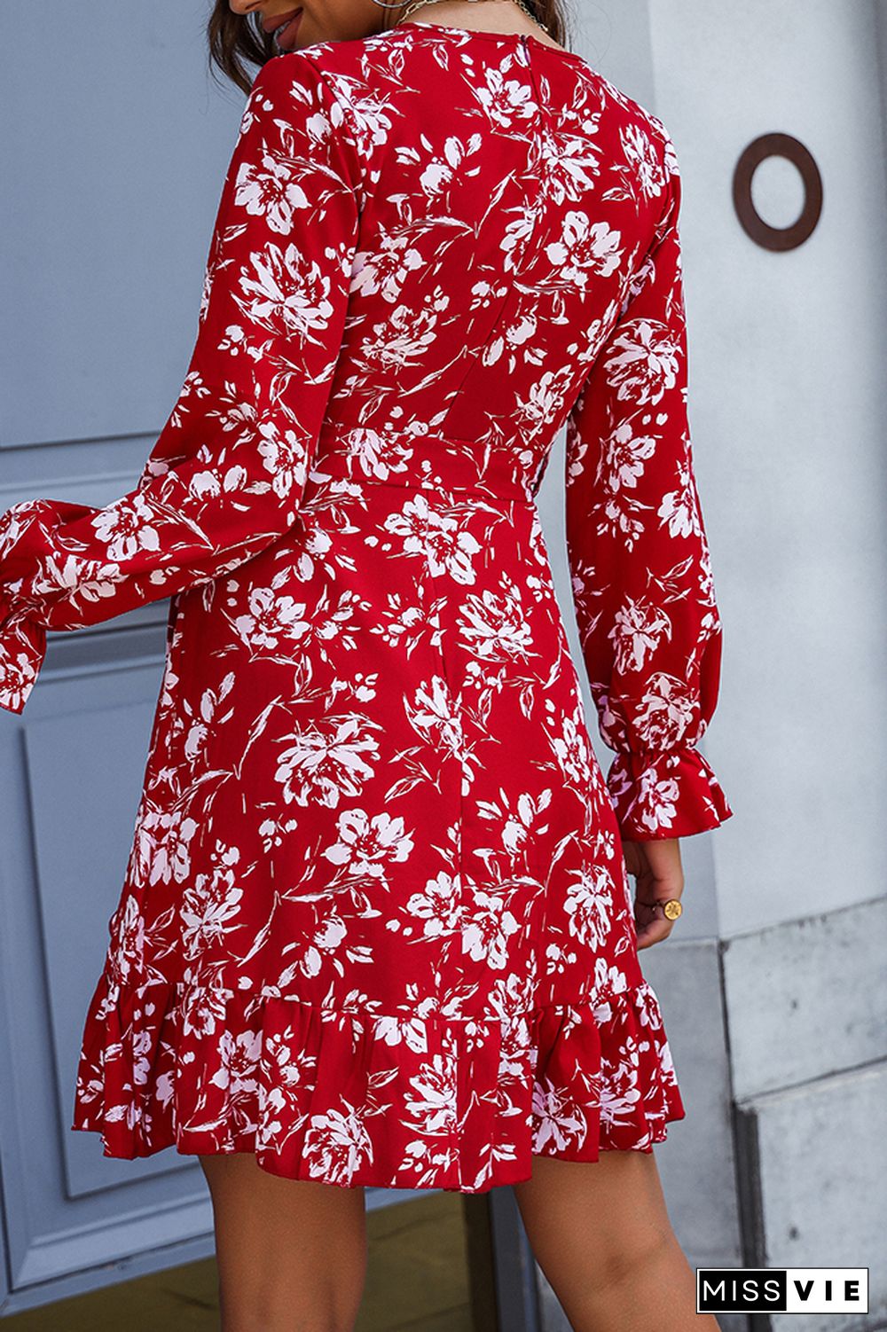 Red Surplice V Neck Waist Tie Floral Dress