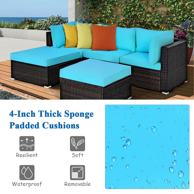 Costway 5pcs Patio Rattan Sectional Conversation Set Ottoman Turquoise