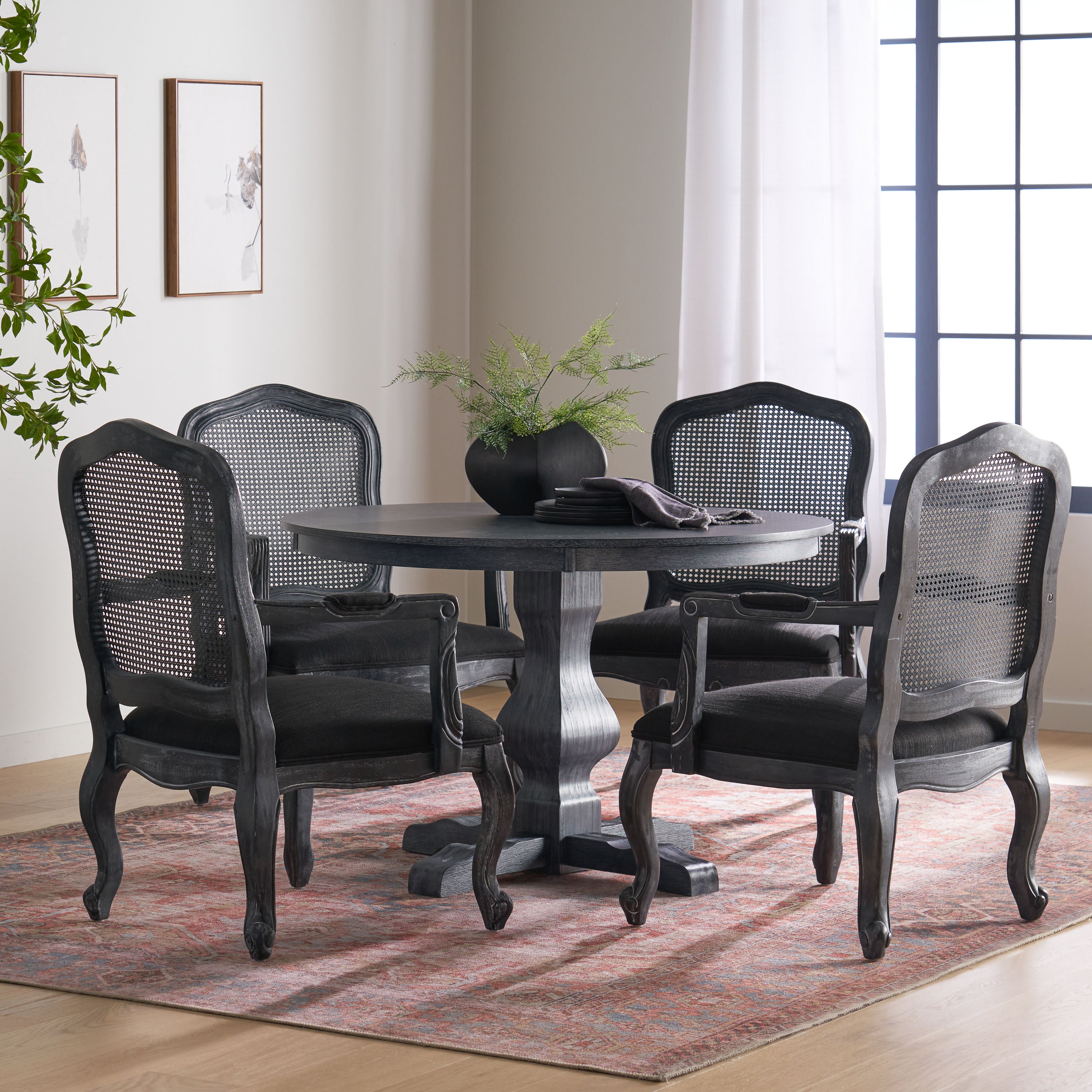 Absaroka French Country Fabric Upholstered Wood and Cane 5 Piece Circular Dining Set