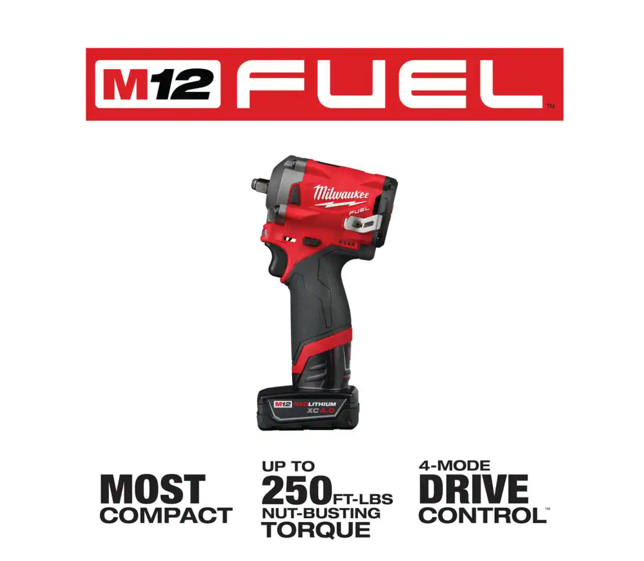 Milwaukee 2554-22 M12 FUEL 12V Lithium-Ion Brushless Cordless Stubby 3/8 in. Impact Wrench Kit with One 4.0 and One 2.0Ah Batteries