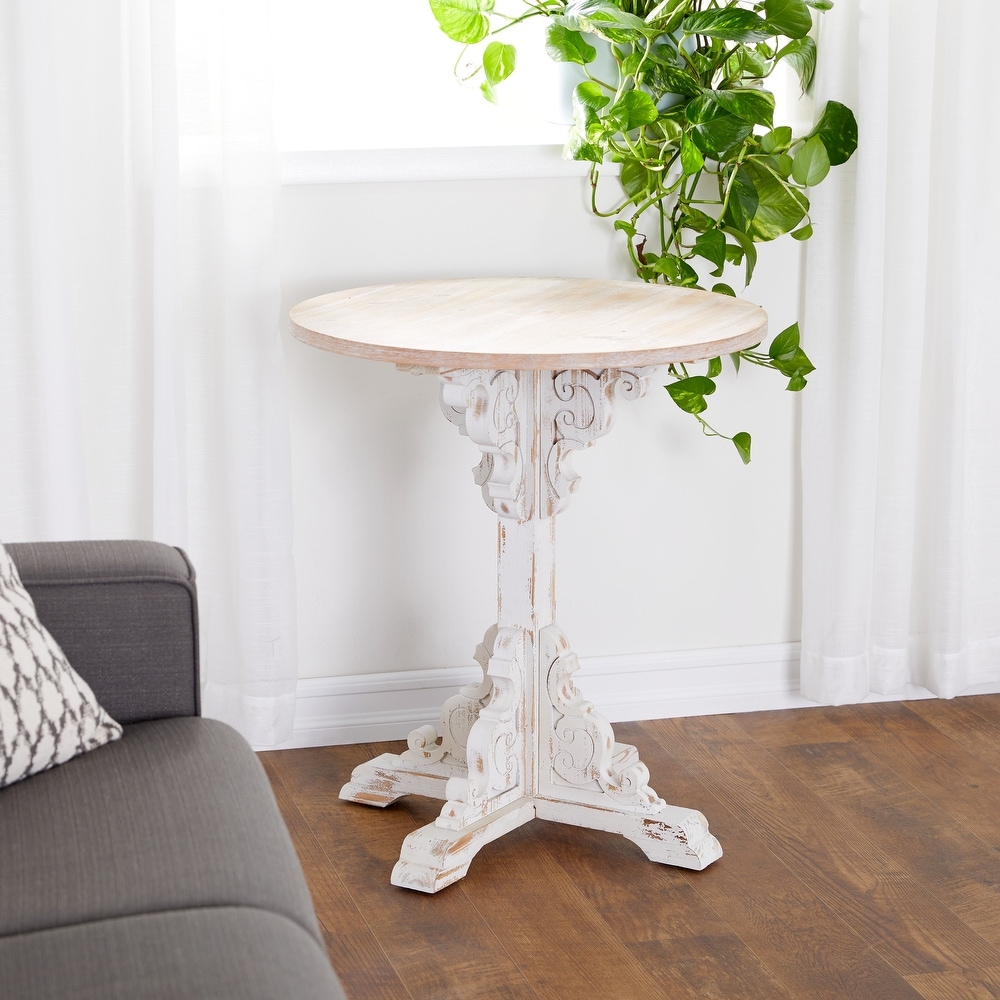 Wood Intricately Carved Scroll Accent Table with Brown Wood Top