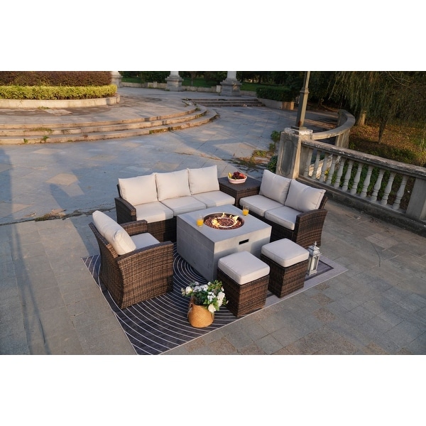 7Piece Patio Brown Rattan Wicker Conversational Sofa Set with Fire Pit Table and Storage Box